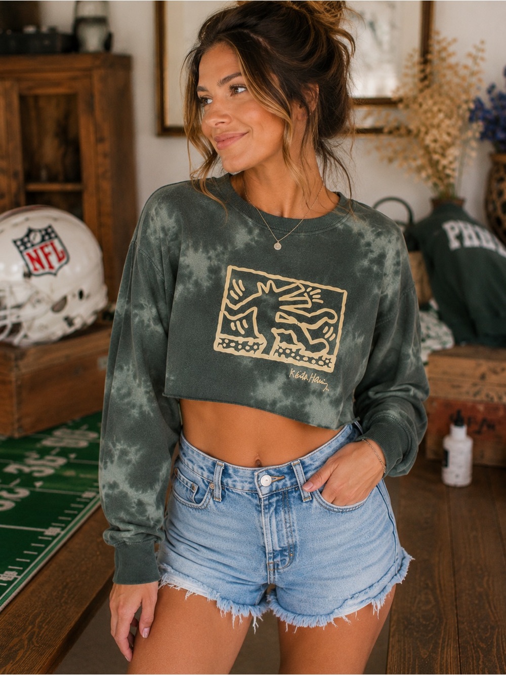 🎨 Keith Haring x Target Green Tie-Dye Cropped Graphic Sweatshirt 🎨 size M Medium
